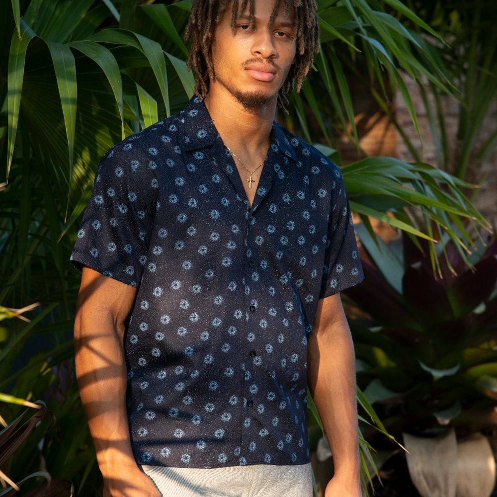 Indigo Blue Sateen Hawaiian Shirt